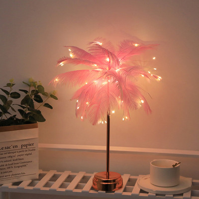 Valge/roosa sulgedega laualamp LED-öövalgusti laualambi puusulega lambivarjuga dekoratiivne lamp elutuppa, magamistuppa