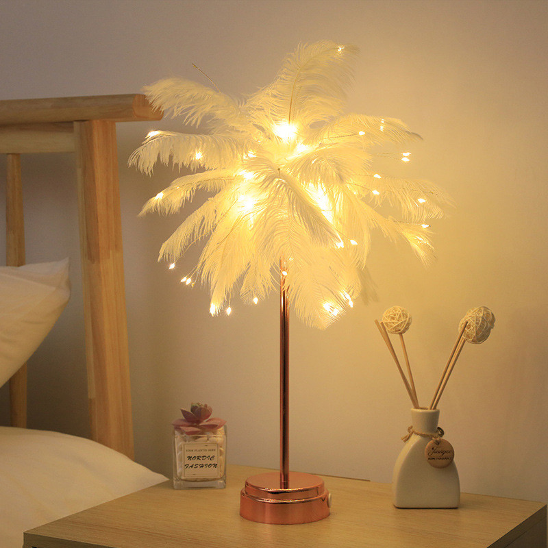 Balta / rožinė plunksnų stalinė lempa LED naktinis apšvietimas stalinis lempa medžio plunksnų gaubtas Dekoratyvinė lempa svetainei miegamajame bendrabutyje