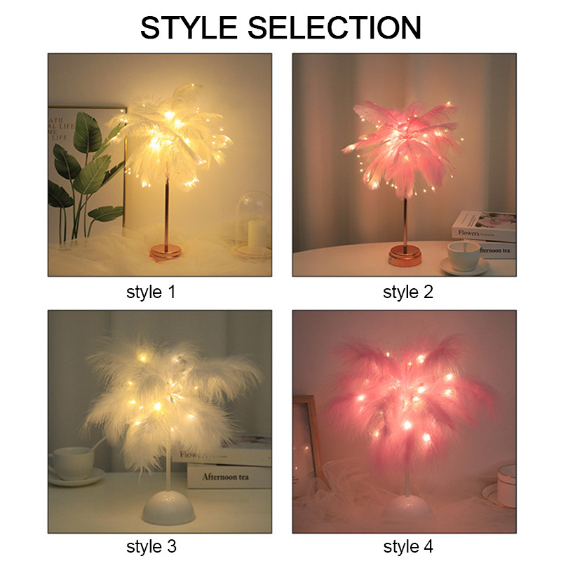 Balta / rožinė plunksnų stalinė lempa LED naktinis apšvietimas stalinis lempa medžio plunksnų gaubtas Dekoratyvinė lempa svetainei miegamajame bendrabutyje