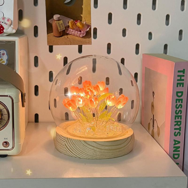 Tulpių naktinis šviesos diodų miegamojo šviestuvas Minkšti šviestuvai Gimtadienio Tanabata Gift Girl Atmosfera 3D pagrindo stiklo lempos gaubtas stalinės lempos