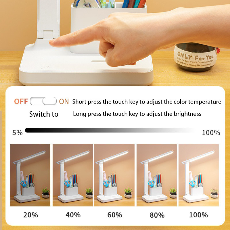 Lampă de masă cu LED, 3 culori, reglabilă, la atingere, pliabilă, pentru birou, dormitor, studiu, noptieră, lectură, protecție ochilor, lumină de noapte DC 5V