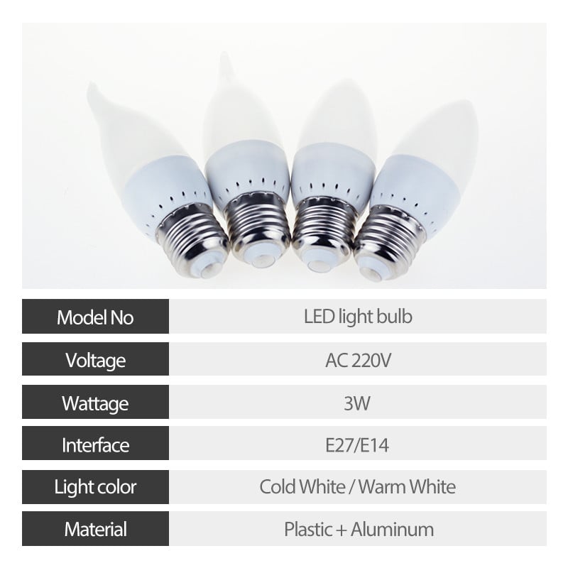 10 tk/partii E14 E27 LED küünlapirn AC 220V led lühtri lamp Küünla pirnid 3W lambid Dekoratsioon valgus soe/valge energiasääst
