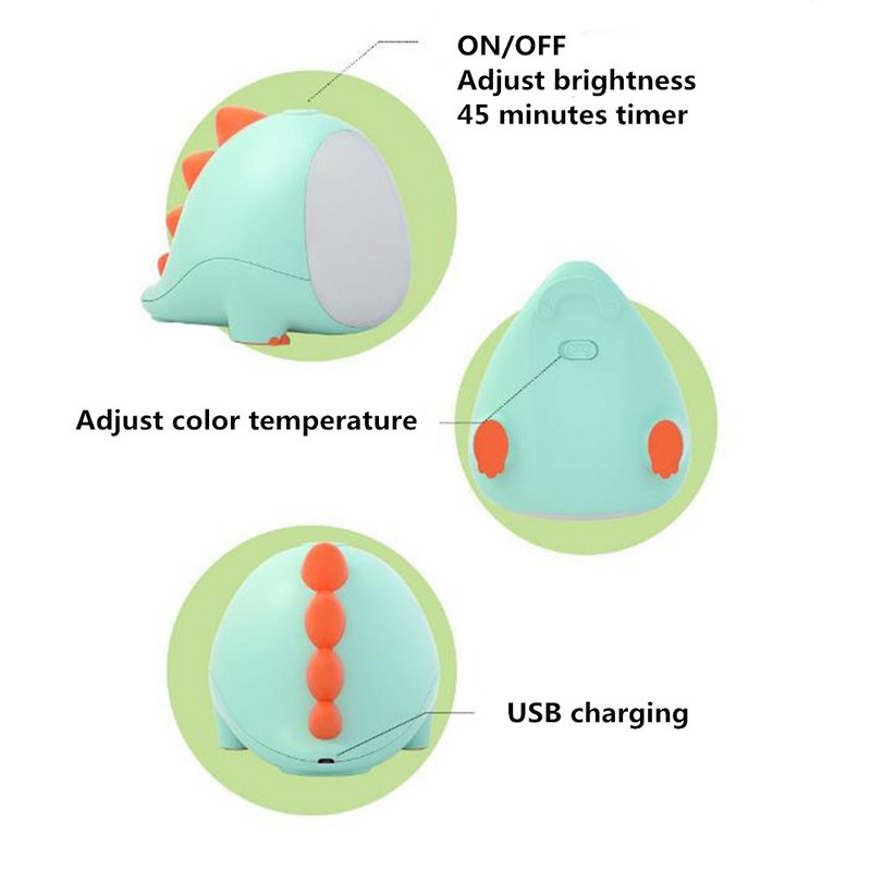 USB újratölthető LED kis dinoszaurusz éjszakai fény kreatív rajzfilm időzítő asztali lámpa hálószoba éjjeli dekoráció gyerekjáték