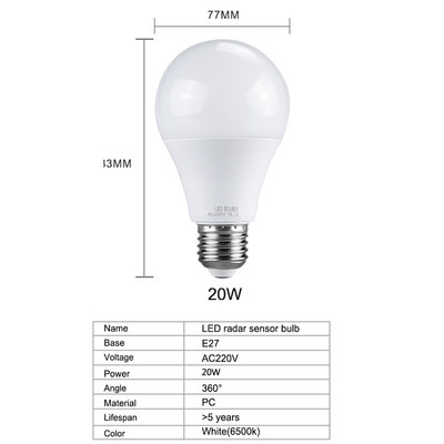 E27 ampulla LED izzó érzékelő lámpa 10W 15W 20W 220V Smart Radar LED Didoe spotlámpa Automatikus KI/BE Lampada hideg fehér