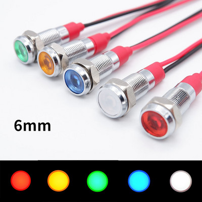 6mm Metal Indicator Light LED Warning Signal Lamp Pilot Wires Switch 3V 5V 12V 24V 220V Red Orange Blue Green White With Wire