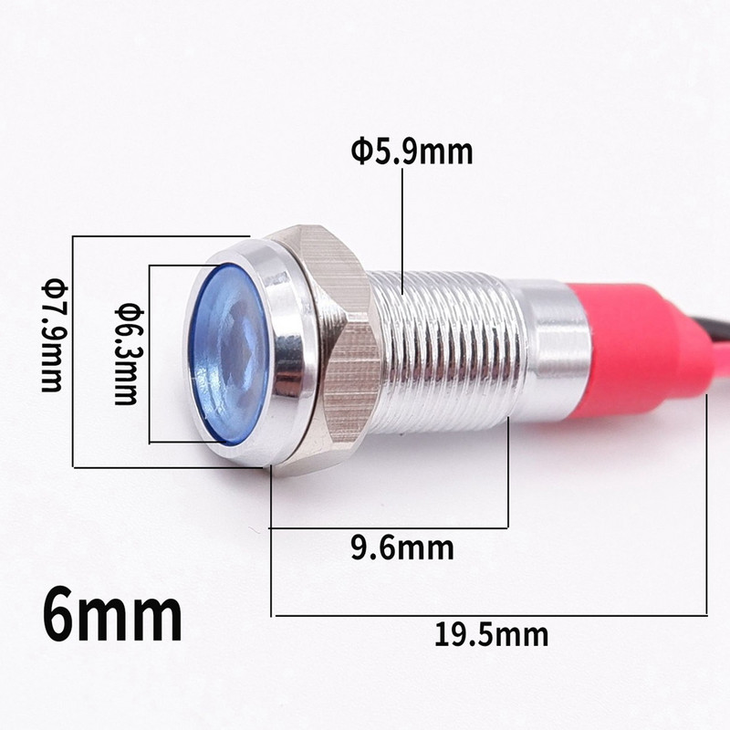 6 mm metalo indikatoriaus lemputė LED įspėjamoji lempos valdymo laidų jungiklis 3V 5V 12V 24V 220V Raudona Oranžinė Mėlyna Žalia Balta Su viela