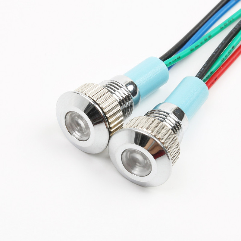 Nemokamas pristatymas LED metalinis indikatorius 8 mm vandeniui atsparus signalinės lempos taškas su viela Raudona Geltona Mėlyna Žalia Dviejų spalvų indikatorius DC 24