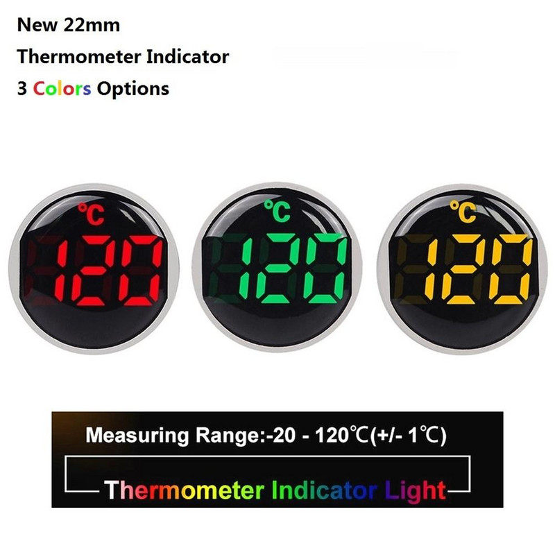 22 mm-es kerek, kisméretű, mini LED-es kijelzős hőmérő digitális hőmérsékletmérő jelző AC 50-380V 220V -20-120`C