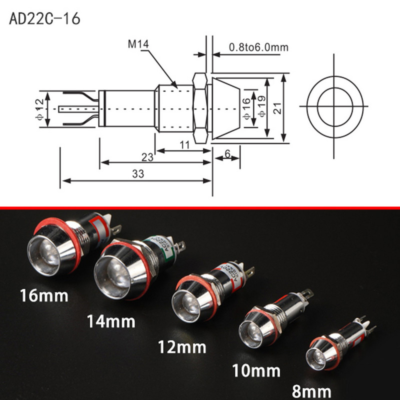 Dviejų spalvų metalo indikatoriaus šviesos signalinė lempa su laidu LED vandeniui atspari žalia raudona 3V 6V 12V 24V 110V 220V 8MM 10MM 12MM 14MM 16MM