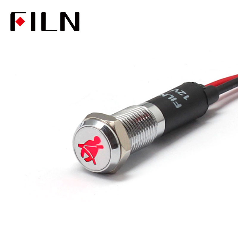 FILN 8mm autós műszerfal biztonsági öv nélkül szimbólum led piros sárga fehér kék zöld 12v led visszajelző lámpa 20cm kábellel