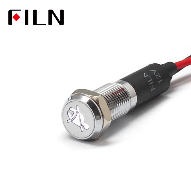 FILN 8mm autós műszerfal biztonsági öv nélkül szimbólum led piros sárga fehér kék zöld 12v led visszajelző lámpa 20cm kábellel