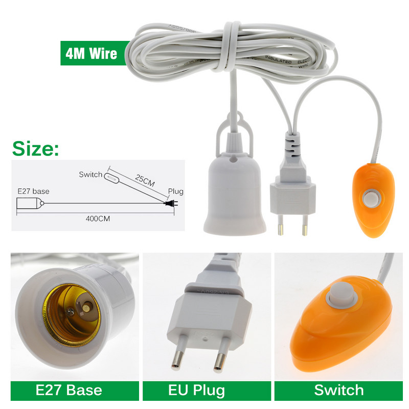 Baza lămpii E27 pentru bec LED de creștere cu 1,8M 4M 5M Buton pentru cablu de alimentare / Comutator de sincronizare Accesorii pentru lumină de creștere AC100-250V 50/60Hz 6A