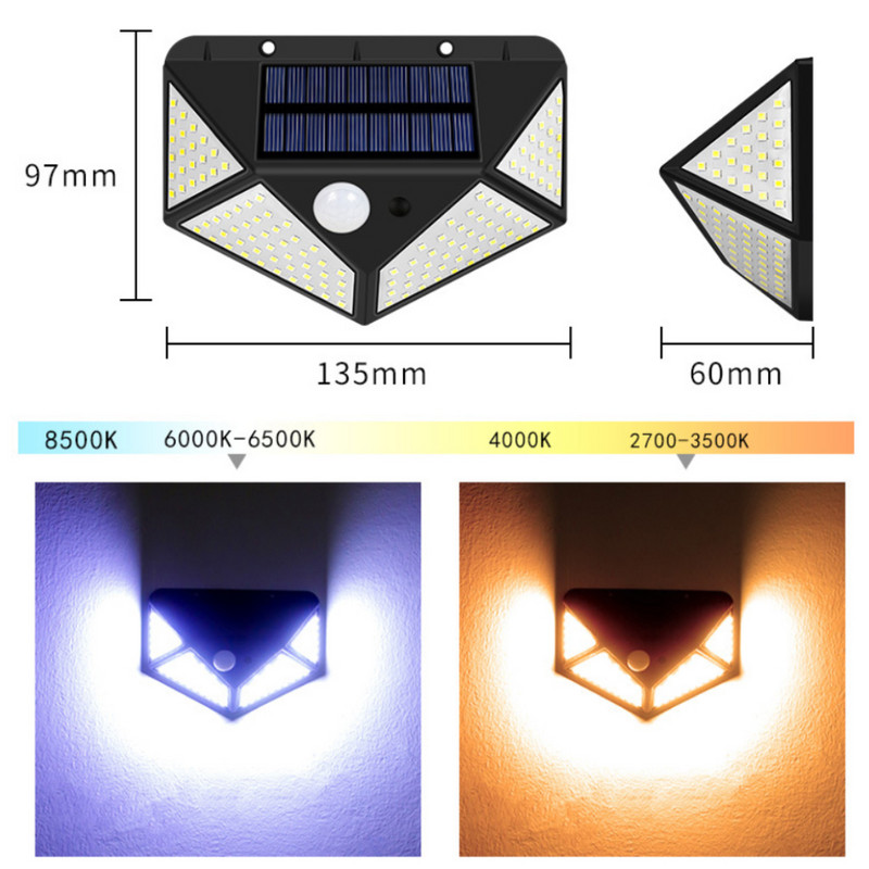 Lampă solară cu LED pe toate părțile Lampă cu inducție solară luminoasă PIR Curte umană Lampă de perete impermeabilă Scări Lumină în aer liber grădină
