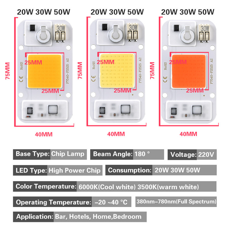 COB LED augšanas gaismas mikroshēma pilna spektra AC220V 20W 30W 50W iekštelpu fitolampa stādiem, ziedu hidroponiska audzēšanas telts gaisma