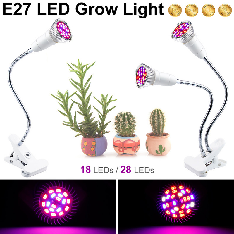 LED Grow Light E27 Fitolampy teljes spektrumú fitolámpa csipesszel palántákhoz virág Fitolamp Chambre De Culture beltéri használatra