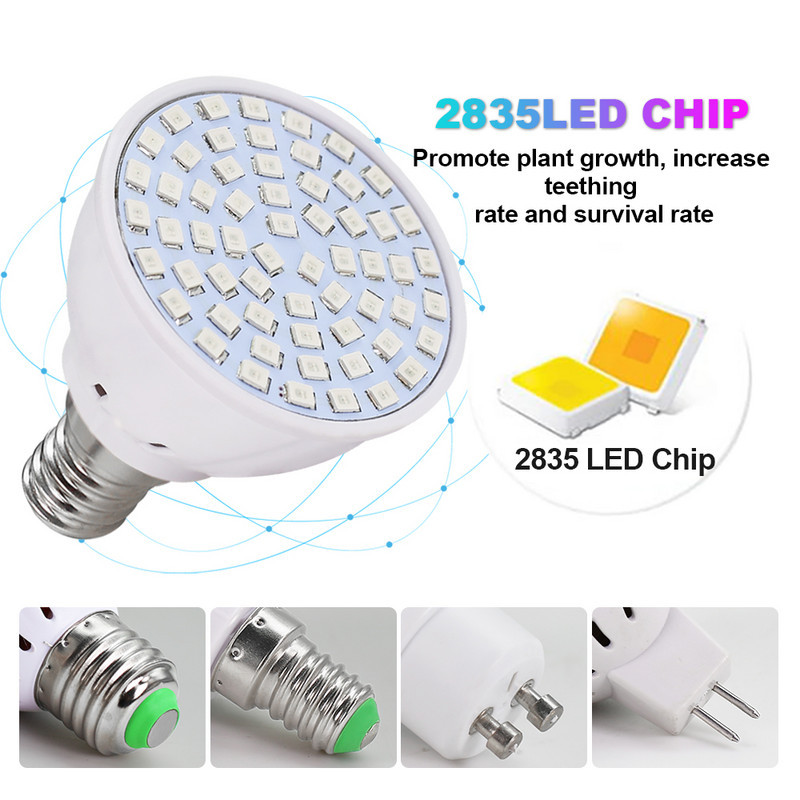 2 vnt Led Grow lemputė E27 E14 MR16 GU10 Viso spektro LED augalų hidroponinio augimo šviesos fito lempa patalpų apšvietimo gėlių sodinukai