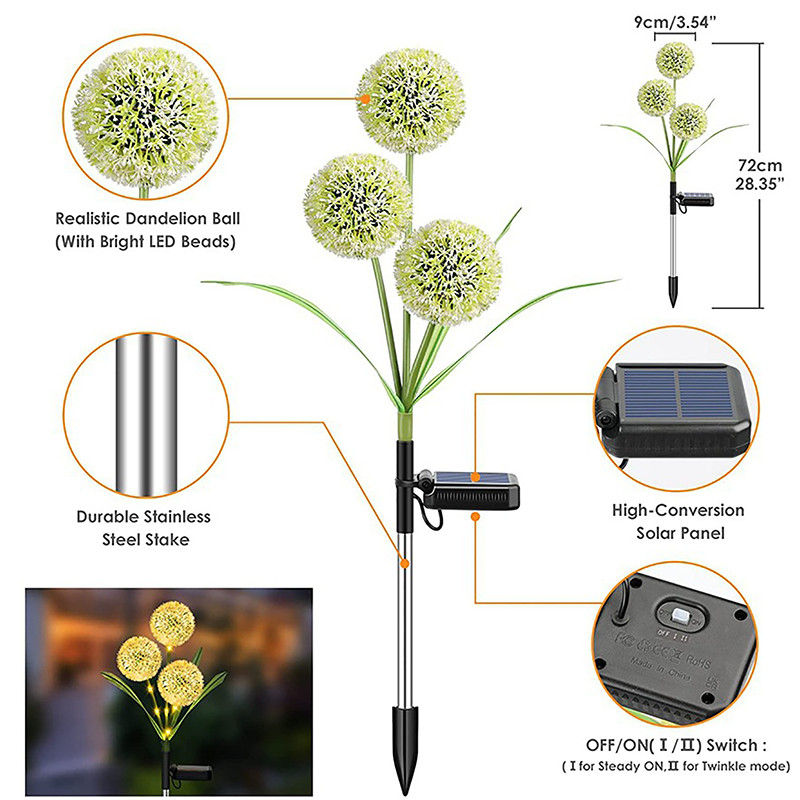 Lumini solare de grădină în aer liber 3 capete Flori solare de păpădie Ip65 Lumină de decorare rezistentă la apă pentru nuntă de grădină.