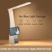 Lampă de birou LED cu ceas cu alarmă, temperatură în 3 culori, reglare continuă, încărcare USB, lumină de noapte, lămpi de masă pentru lectură cu protecție ochilor