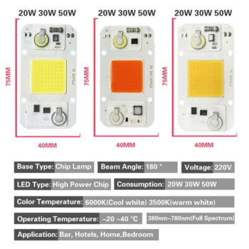 Hydroponice AC 220V 20w 30w 50w cob led расте светлина чип пълен спектър 380nm-780nm за отглеждане на разсад на закрито и цветя