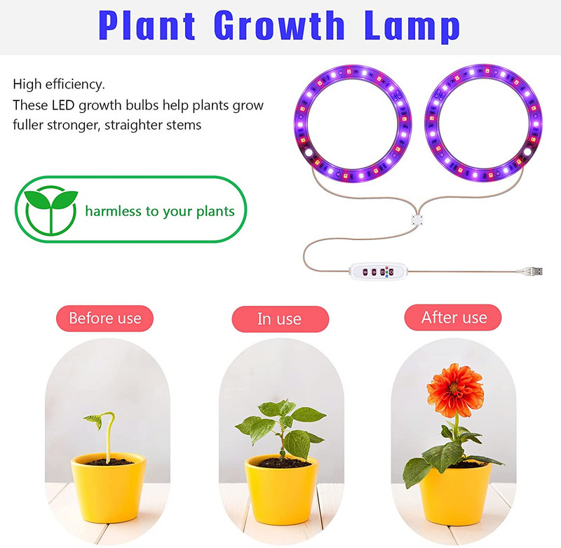 Lumină de creștere a plantelor cu inel de înger 5V USB Phytolamp pentru plante Lampă LED cu spectru complet pentru flori de interior, seră, răsaduri, flori de acasă