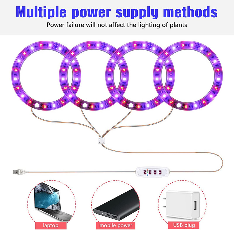 Lumină de creștere a plantelor cu inel de înger 5V USB Phytolamp pentru plante Lampă LED cu spectru complet pentru flori de interior, seră, răsaduri, flori de acasă