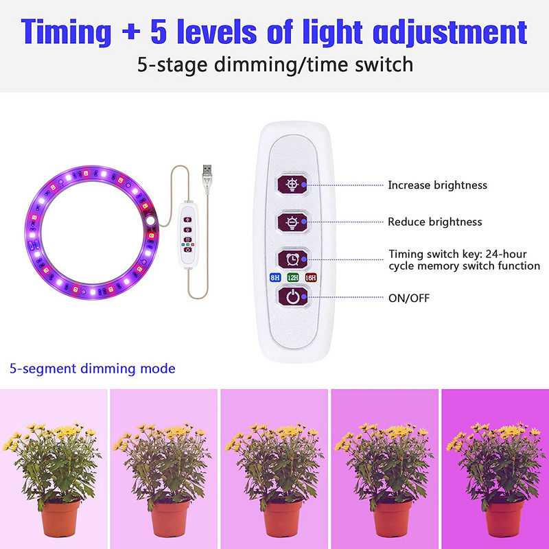 Lumină de creștere a plantelor cu inel de înger 5V USB Phytolamp pentru plante Lampă LED cu spectru complet pentru flori de interior, seră, răsaduri, flori de acasă