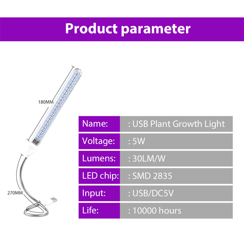 LED Grow Light teljes spektrumú növényi lámpa USB növekedési lámpa rugalmas LED fitolámpa virág palánta üvegház világítás Fitolampy
