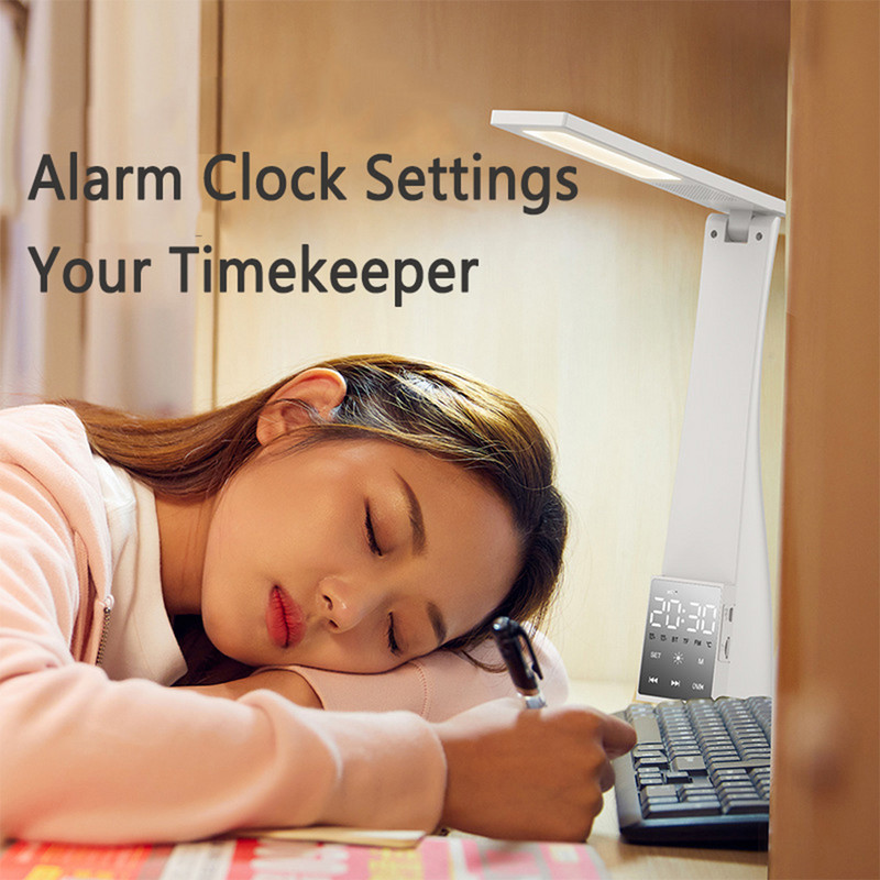 Lampă de birou LED cu difuzor Bluetooth Ceas cu alarmă Temperatură în 3 culori Dimmerare continuă USB Lămpi de masă pentru lectură cu protecție ochilor