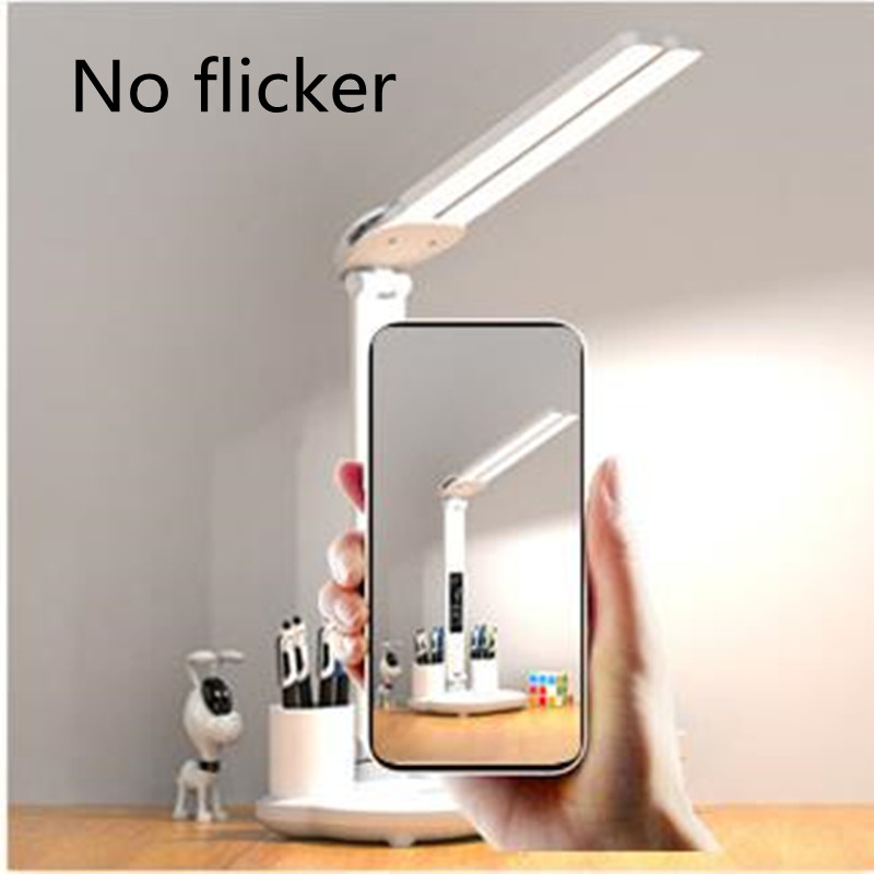 Protecție pentru ochi cu LED dublu cap cu suport pentru stilou Lampă de masă USB Touch cu ceas Afișare temperatură Lampă de noptieră cu reglaj continuu