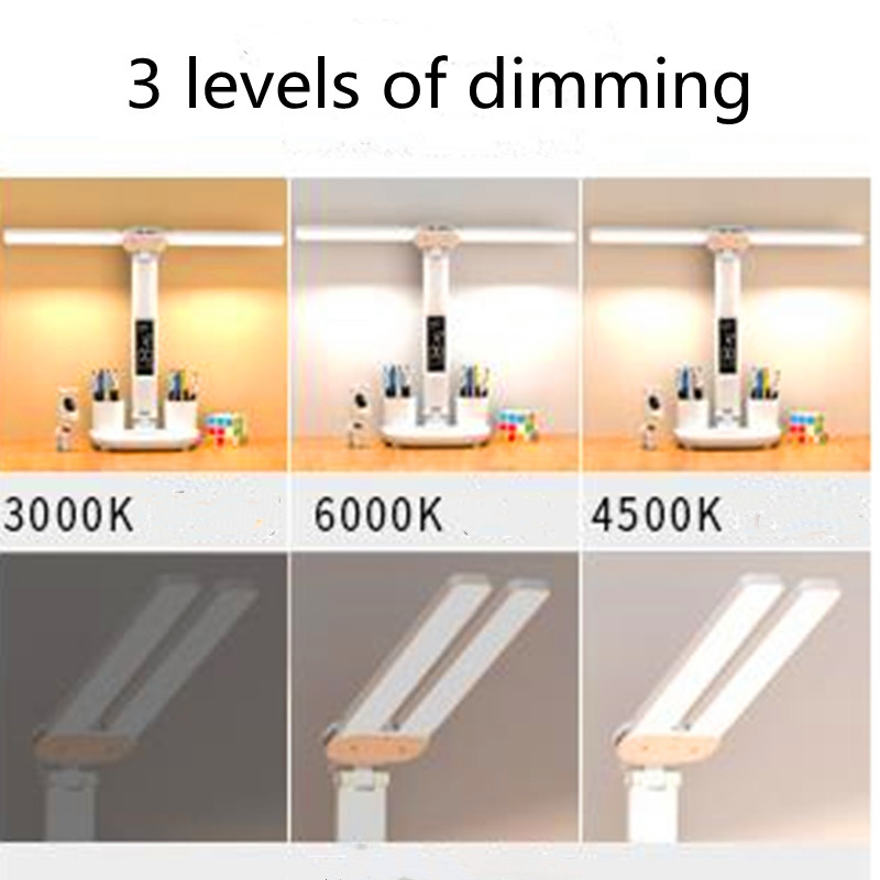 Protecție pentru ochi cu LED dublu cap cu suport pentru stilou Lampă de masă USB Touch cu ceas Afișare temperatură Lampă de noptieră cu reglaj continuu