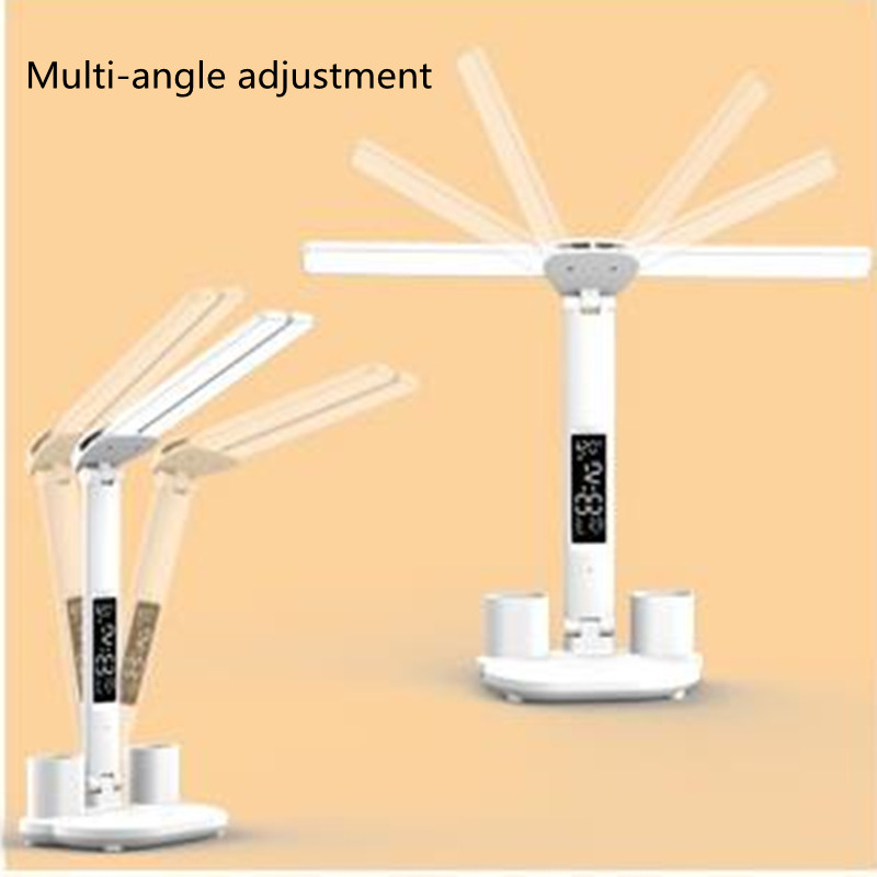 Protecție pentru ochi cu LED dublu cap cu suport pentru stilou Lampă de masă USB Touch cu ceas Afișare temperatură Lampă de noptieră cu reglaj continuu