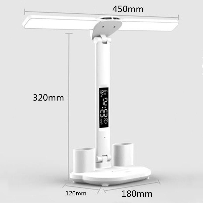 Protecție pentru ochi cu LED dublu cap cu suport pentru stilou Lampă de masă USB Touch cu ceas Afișare temperatură Lampă de noptieră cu reglaj continuu