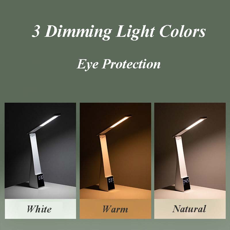 Lampă de birou LED cu ceas cu alarmă, temperatură în 3 culori, reglare continuă, încărcare USB, lumină de noapte, lămpi de masă pentru lectură cu protecție ochilor