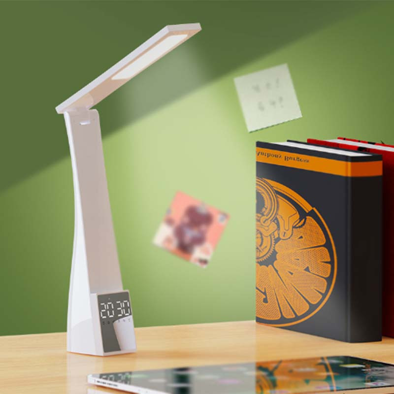 Lampă de birou LED cu ceas cu alarmă, temperatură în 3 culori, reglare continuă, încărcare USB, lumină de noapte, lămpi de masă pentru lectură cu protecție ochilor