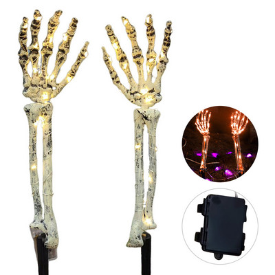 Halloween Light Up műanyag kézi elemmel működő/napenergiával működő 40 LED-es koponyakarok karókkal, fényfüzérekkel Ünnepi parti dekoráció