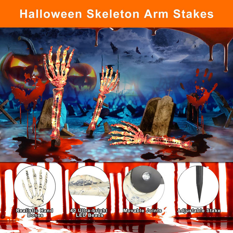 Halloween Light Up műanyag kézi elemmel működő/napenergiával működő 40 LED-es koponyakarok karókkal, fényfüzérekkel Ünnepi parti dekoráció