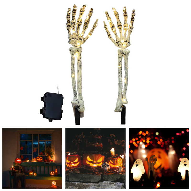Halloween Light Up műanyag kézi elemmel működő/napenergiával működő 40 LED-es koponyakarok karókkal, fényfüzérekkel Ünnepi parti dekoráció