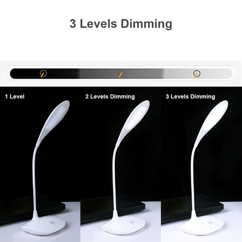 Puutelülitiga painduv LED-laualamp, kaasaegne 3-tasandiline hämardatav USB-laadimine õppevalgusti laualambid kolledži ühiselamu magamistuppa