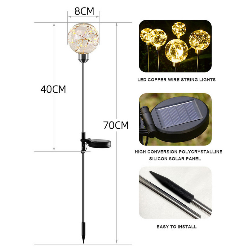 Napelemes rézhuzal golyós lámpa kültéri dekoráció udvari kertben Intelligens fényérzékeny karácsonyi ösvény lámpák nyaraláshoz