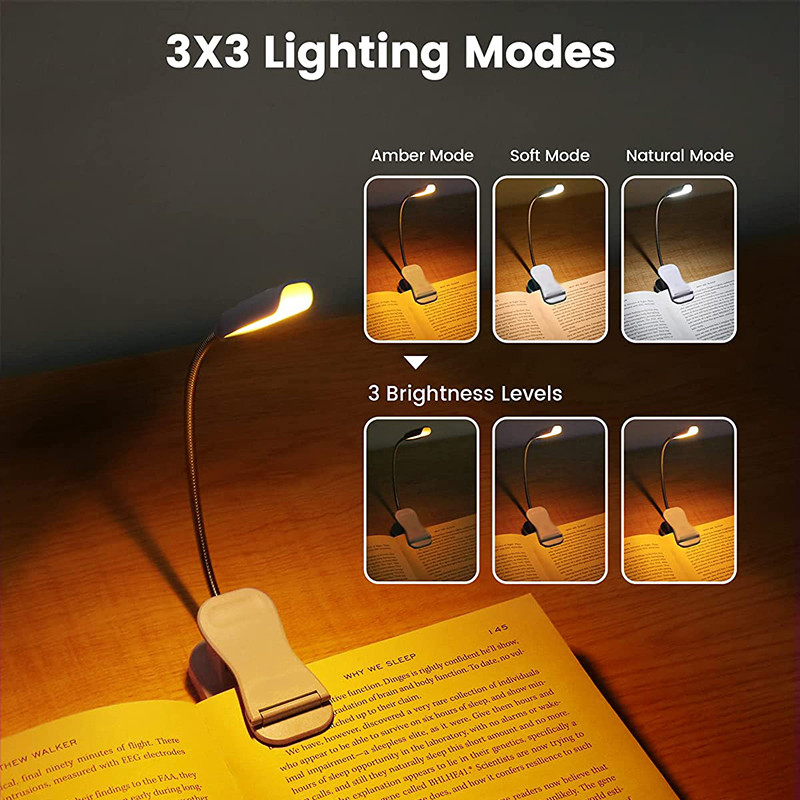 C2 Amber Book Light Ușor Reîncărcabil 3 moduri Cititoare 9LED Copii care citesc în pat Clip-on Îngrijirea ochilor Lectură caldă Lumină