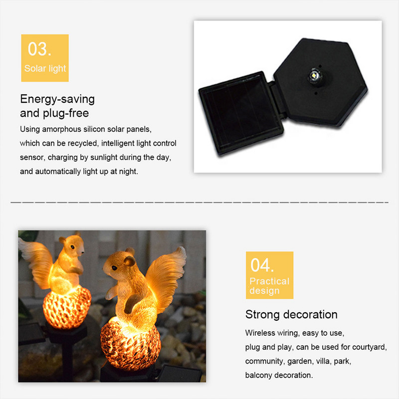 Päikesevalgustid välitingimustes vaigu orava looma muruvalgusti päikeseenergia aiavalgusti LED-valgusti veekindel väliaia sisekujundusega õuelamp