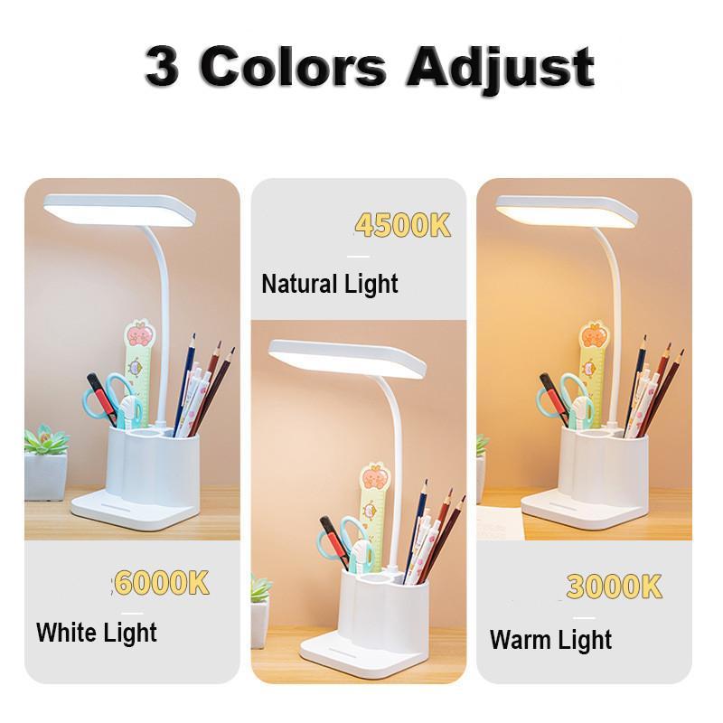 Lampă de noptieră super luminoasă cu suport pentru pix, încărcare prin USB, cu reglaj la atingere, lampă de birou, dormitor, lectură, lumină de noapte pentru birou de lucru