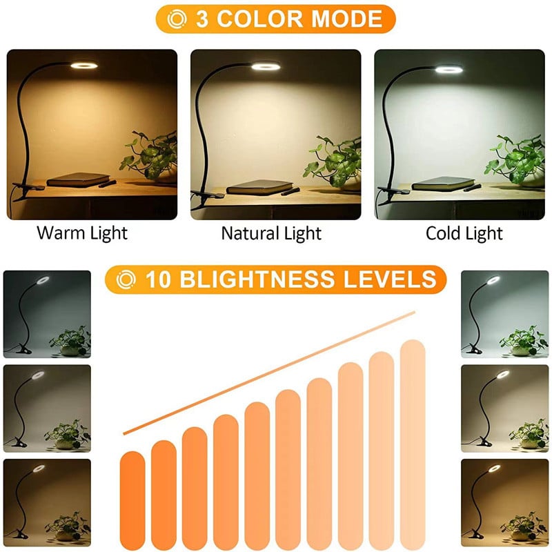Lampă de birou cu clemă USB Protejează-ți ochii 360 de rotație 3,5 inchi 48 LED-uri 3 culori luminoase 10 luminozitate Diminuare nelimitată 2 m lungime cablu M