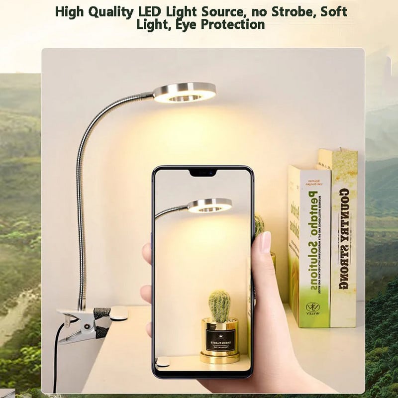 Lampă de birou cu clemă USB Protejează-ți ochii 360 de rotație 3,5 inchi 48 LED-uri 3 culori luminoase 10 luminozitate Diminuare nelimitată 2 m lungime cablu M