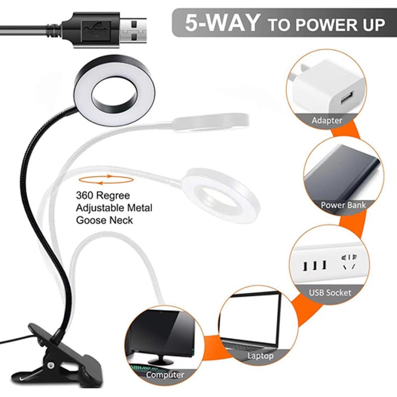 Lampă de birou cu clemă USB Protejează-ți ochii 360 de rotație 3,5 inchi 48 LED-uri 3 culori luminoase 10 luminozitate Diminuare nelimitată 2 m lungime cablu M