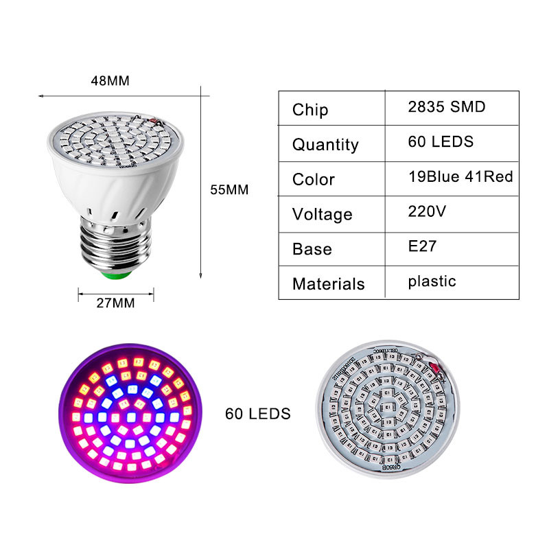 Becuri de creștere cu spectru complet 60/126/200 LED E27 Lampă de creștere LED roșu albastru pentru plante interioare Hydro Flower Veg Grow Cort Phytolamp