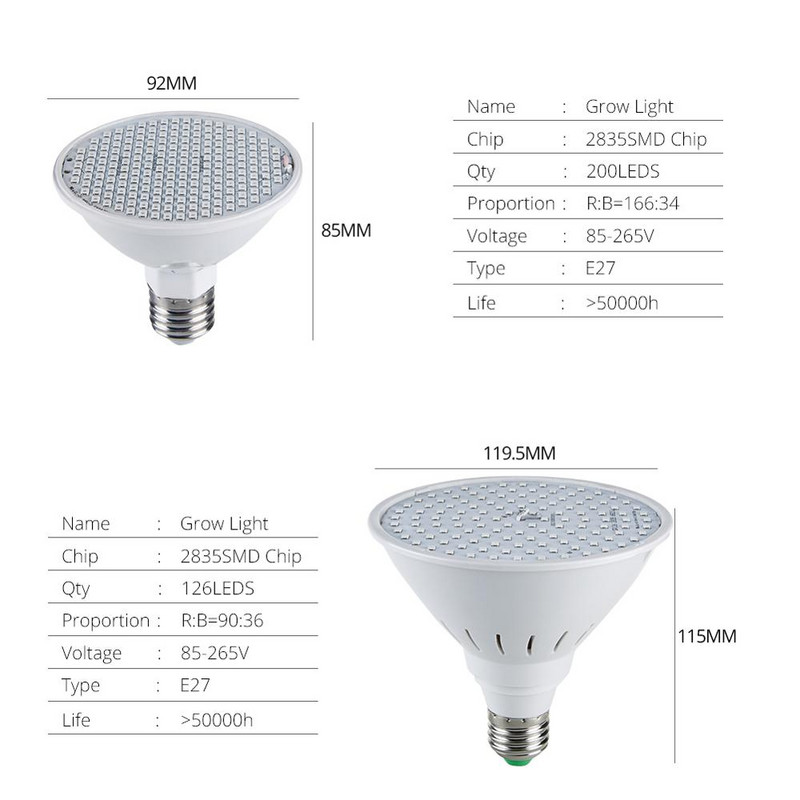 Becuri de creștere cu spectru complet 60/126/200 LED E27 Lampă de creștere LED roșu albastru pentru plante interioare Hydro Flower Veg Grow Cort Phytolamp