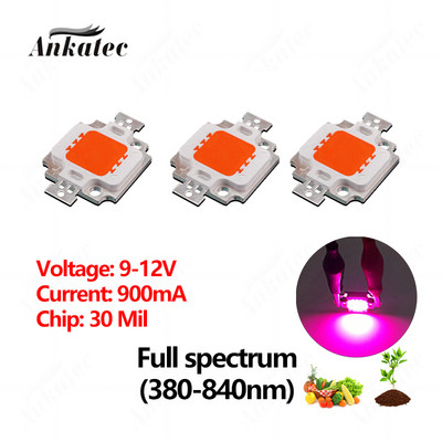3 db/tétel Teljes spektrumú 380-840nm LED COB chip lámpagyöngyök 10W nagy teljesítményű 9-12V réz konzol üvegházi növények növekedési fényéhez