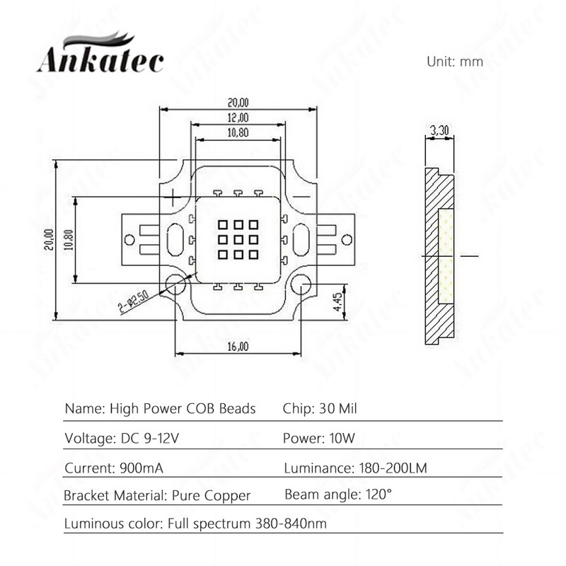 3 db/tétel Teljes spektrumú 380-840nm LED COB chip lámpagyöngyök 10W nagy teljesítményű 9-12V réz konzol üvegházi növények növekedési fényéhez