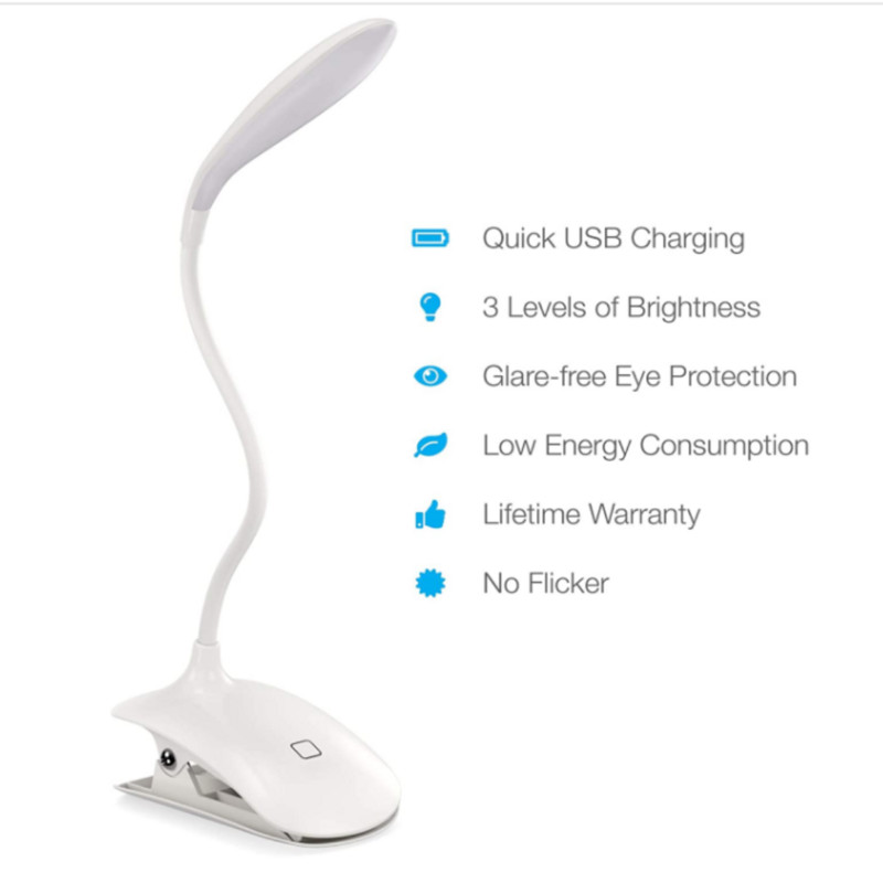 LED saspraudes lasīšanas gaismas grāmatas gaisma 16 acu aizsardzības gaismas diodes gultas apgaismojuma skava ar 3 spilgtuma līmeņu USB uzlādējamu